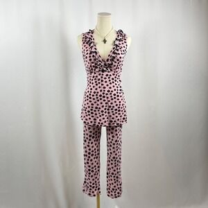 Lemon Tart Pink Black Polka Dot Ruffle V Neck Sleeveless Top Pants Set